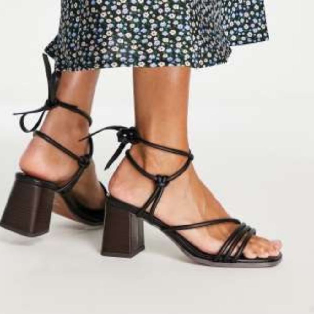 ASOS DESIGN Hollow Strappy Tie Leg Mid Heeled Sandals in Black